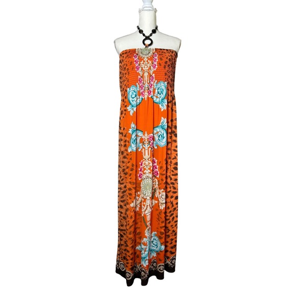 Y2K Orange Animal Print Strapless Maxi Dress - Floral Details - 1X - Picture 1 of 6